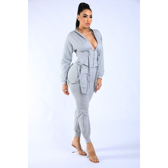 Women's Long Sleeve Zip-Up Strappy Terry Casual Hoodie Two-Piece Set Super Cute - Picture 4 of 11